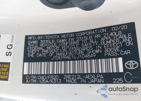 2020 Toyota Corolla Le from USA, damaged, VIN JTDEPRAE1LJ104849